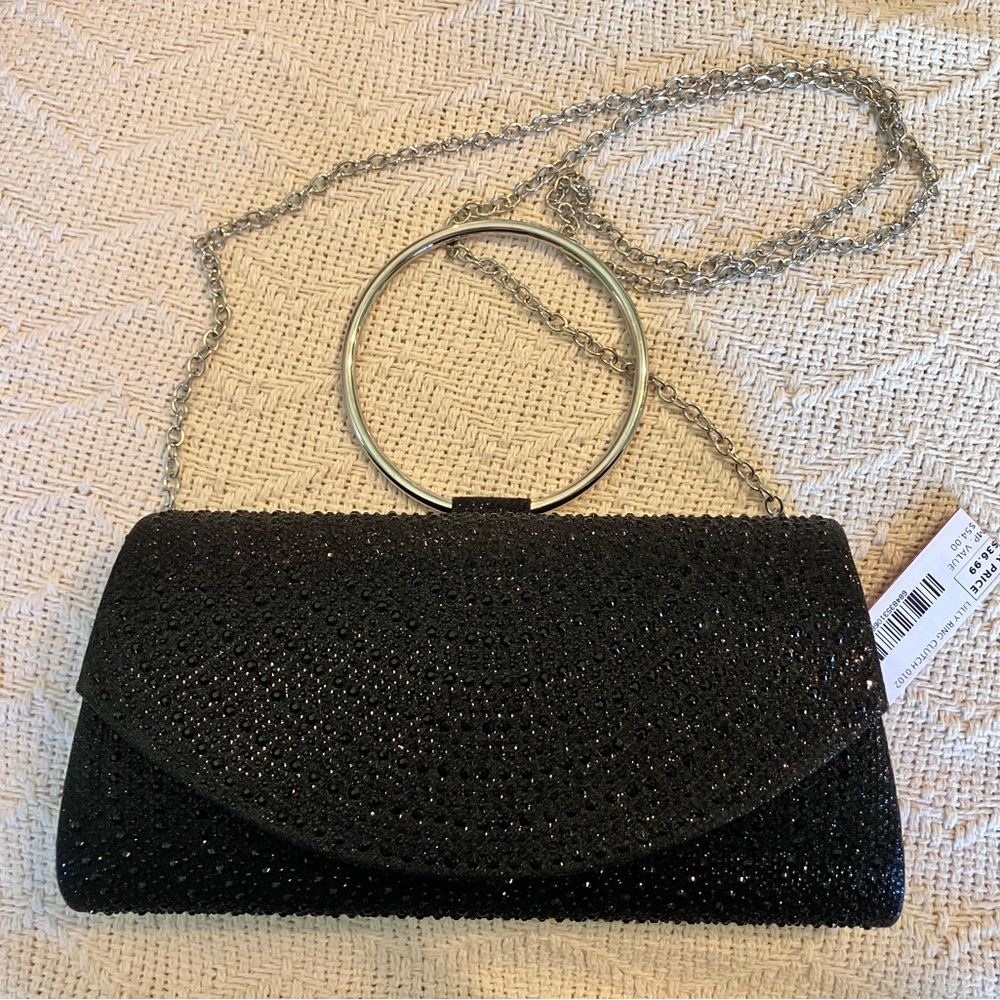 Elegant Black Glitter Clutch with Chain NWT
